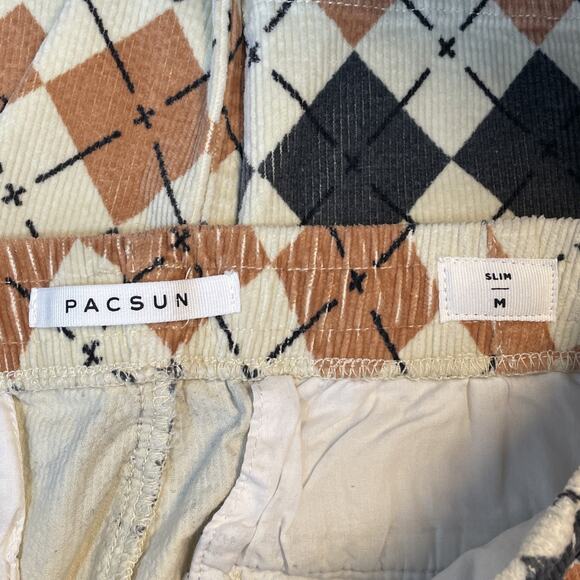 PACSUN size Slim MEDIUM Argyle Pattern Corduroy PANTS Elastic Waist TAN GRAY - Picture 13 of 16